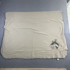 Fisherman Throw Blanket Angler Largemouth Bass 44" x 64" Fish Scene Fleece‎ VTG